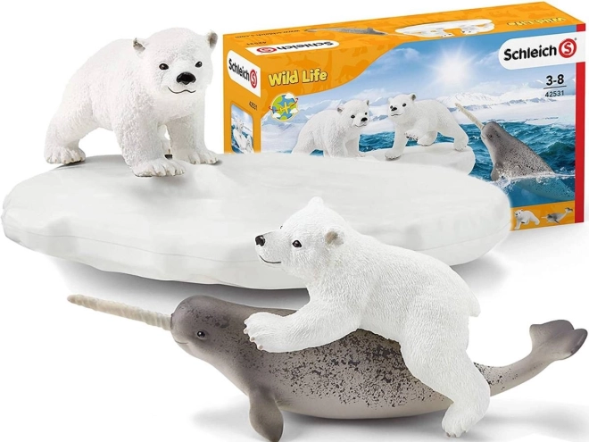 schleich wild life loc de joacă polar cu pui de urs și narval