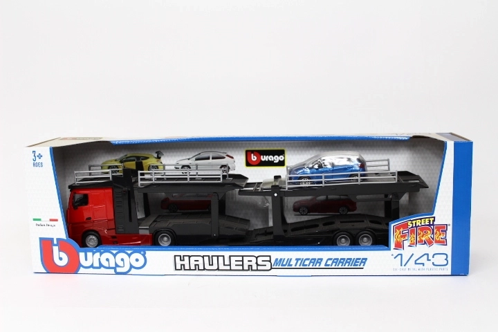 Transportor auto Bburago StreetFire Mercedes-Benz Actros 1:43 cu Renault Captur