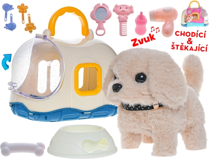 Cățeluș interactiv de pluș cu cutie de transport 19 cm