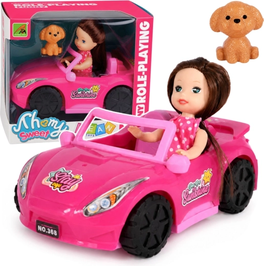 Mini păpușă într-un cabriolet roz cu cățel