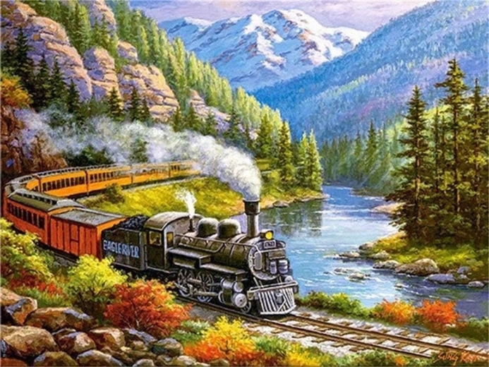 Pictură cu diamante – tren în vale montană 30 × 40 cm
