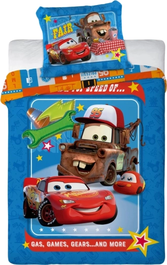 Lenjerie de pat din bumbac pentru pătuț, Cars, Fulger McQueen și Bucșă, albastră