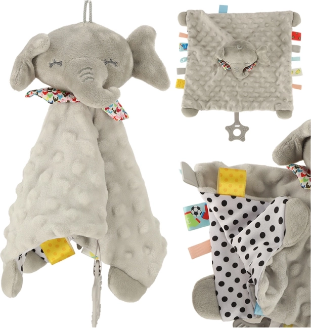 Jucărie senzorială elefant foșnitor cu etichete colorate