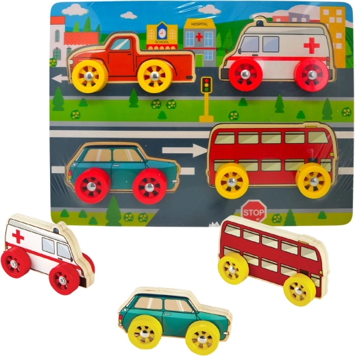 BABU puzzle din lemn cu mașinuțe, set de 4 bucăți