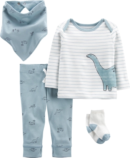 Set Carter's din 4 piese pentru băieți Blue Dino – tricou cu mânecă lungă, pantaloni de trening, șosete și bavețică