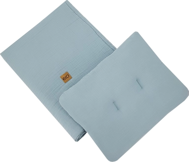 Set ecologic din muselină pentru pătuț, albastru (pernă 30 × 40 cm, pilotă 75 × 100 cm)
