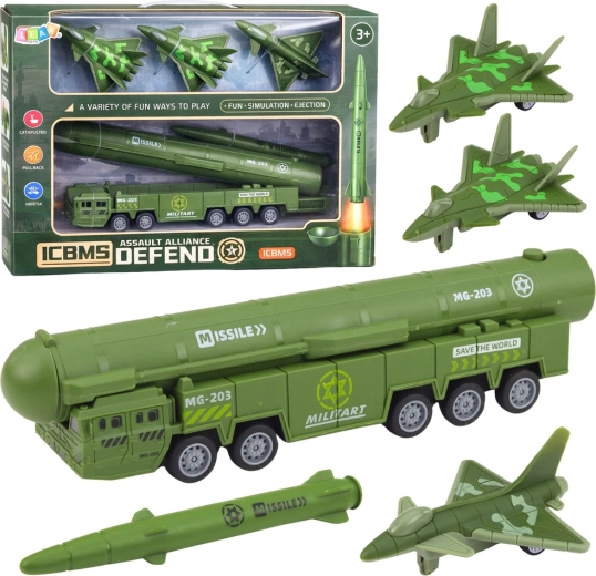 Set militar cu lansator de rachete, camion și avioane de vânătoare cu mecanism pull-back