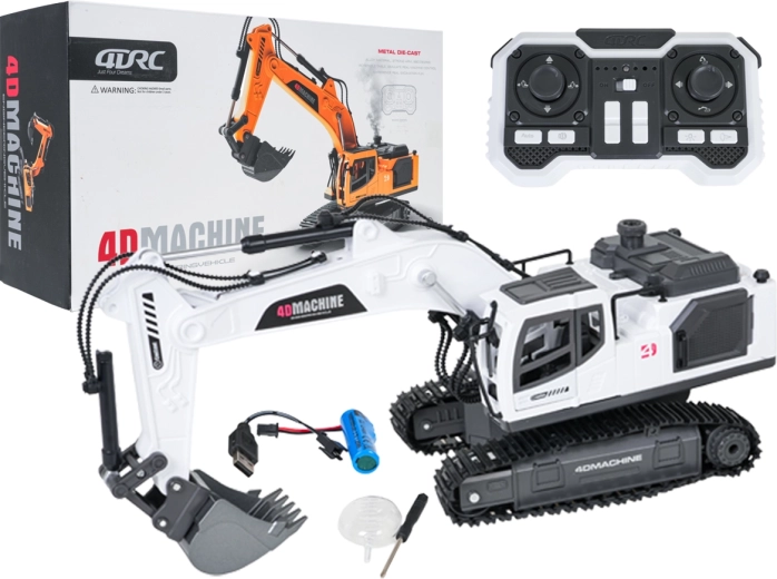 Excavator R/C pe șenile cu telecomandă, cu fum, lumini și sunet, alb