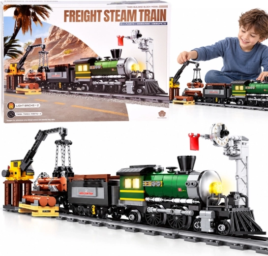 Set de construcție cu tren cu aburi luminos, vagon și macara