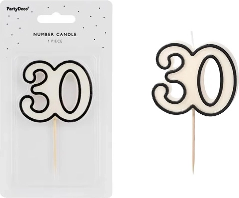 Lumânare aniversară numărul 30 alb-negru 5,5 cm