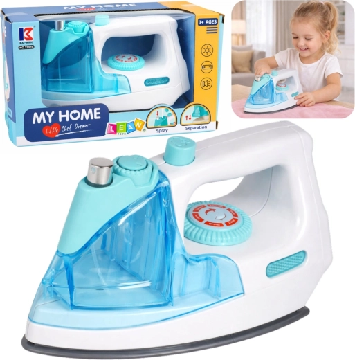Fier de călcat pentru copii cu pulverizator, lumină și sunet – albastru