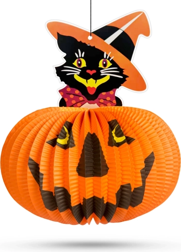 Lampion de hârtie pentru Halloween, în formă de dovleac, cu motiv pisică – 1 bucată
