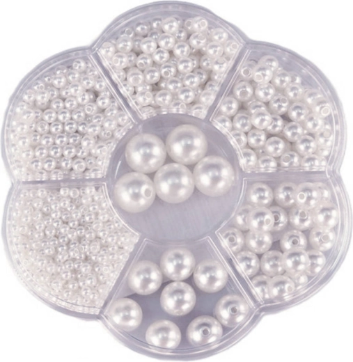 Mărgele metalice albe pentru înșirat în cutie 1150 buc. (3–12 mm)