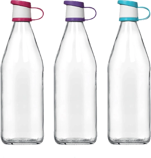 Sticlă de sticlă 1 l cu capac din plastic, mix de culori