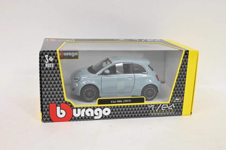 Bburago Fiat 500e 2023 la scara 1:24, albastru metalizat