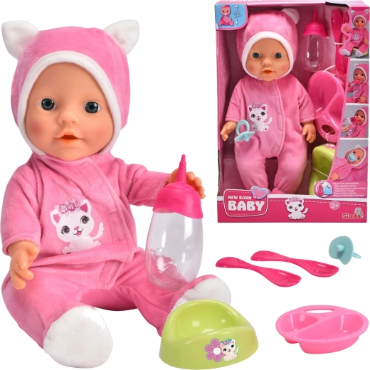 Păpușă Simba New Born Baby, bebeluș drăgălaș în pijama cu accesorii, 30 cm