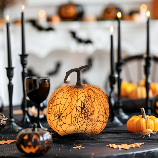 Dovleac decorativ de Halloween cu pânză de păianjen, 16,5 cm