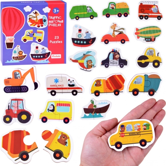 Puzzle pentru copii în două piese – Transport: 23 puzzle-uri educative cu vehicule