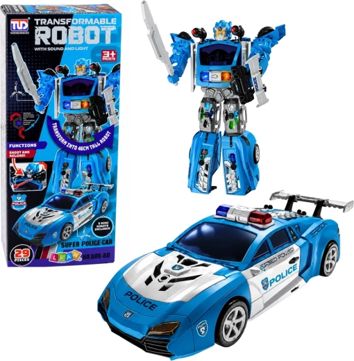 Robot de poliție 2 în 1 cu mașină sport de poliție, lumini, sunete și lansator – 29 de piese