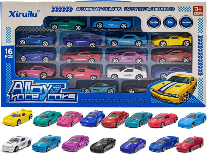 Set de mașinuțe metalice cu motor cu arc – 16 bucăți