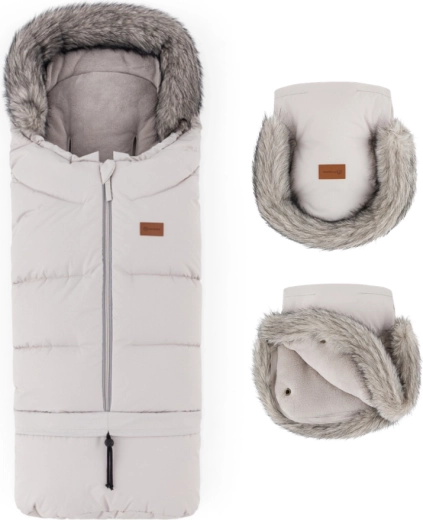 Petite&Mars set de iarnă: sac Arctic 4v1 + mănuși pentru cărucior Furry, culoare champagne shower