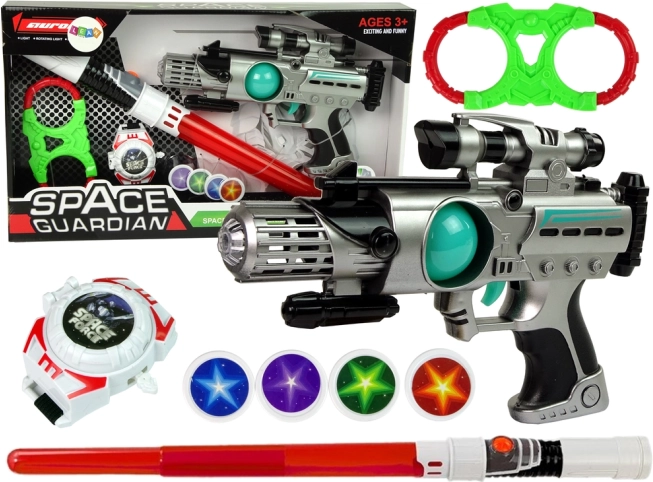 Set de arme spațiale Space Guardian cu pistol laser și sabie luminoasă