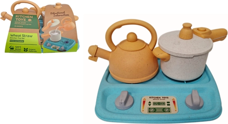 Set de bucătărie cu plită, ceainic și oală din paie de grâu