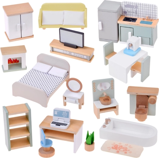 Mobilier din lemn pentru căsuța de păpuși – 28 de piese (bucătărie, living, dormitor, baie, birou)