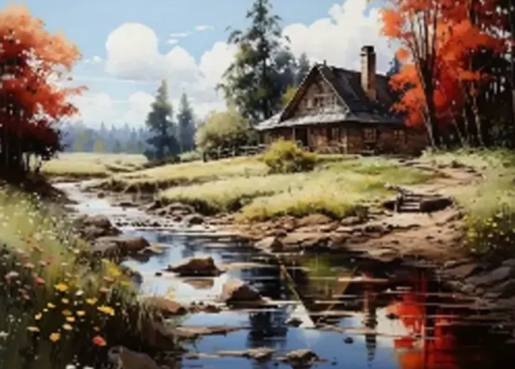 Pictură cu diamante Casa de lângă râu 30 × 40 cm