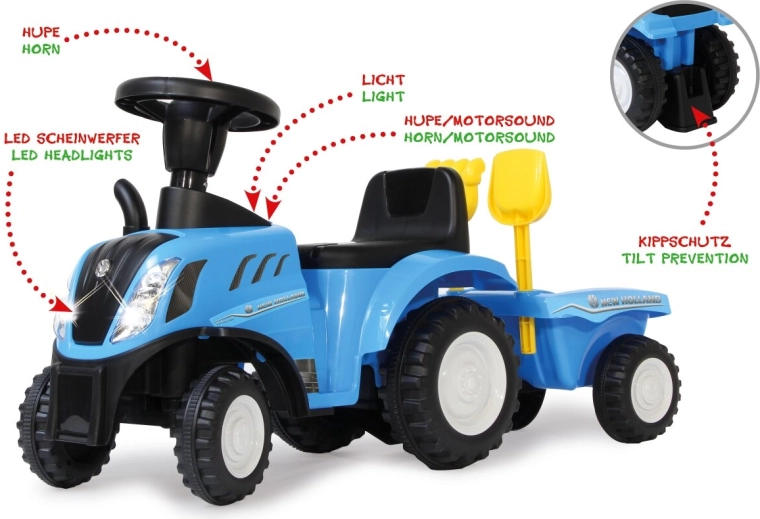 Tractor fără pedale pentru copii New Holland T7 cu remorcă 2 în 1, albastru
