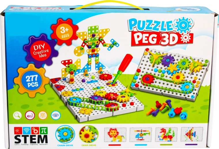 Set de construcție creativ 3D Puzzle Peg cu unelte (277 piese)