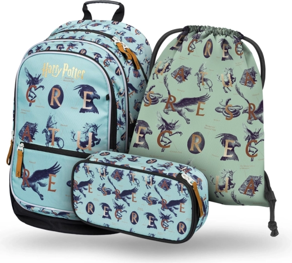 Set școlar BAAGL 3 piese HARRY POTTER Animale fantastice – rucsac, penar și săculeț