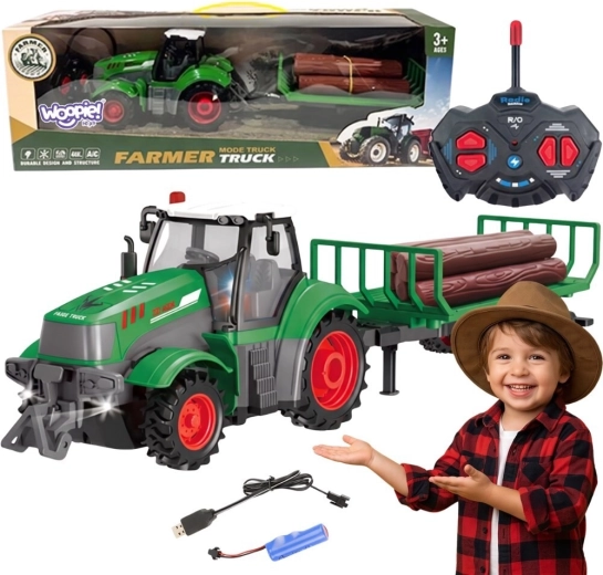 Tractor RC Woopie cu remorcă pentru lemne, la scara 1:24