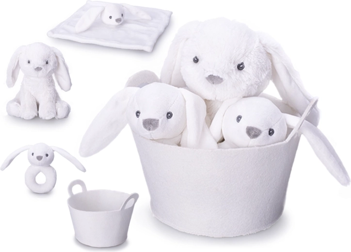 Set cadou pentru bebeluși – iepuraș alb de pluș 20 cm, jucărie zornăitoare și păturică de somn în coș textil moale