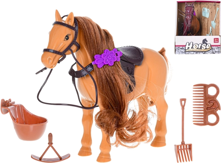 Cal din plastic 17 cm cu accesorii pentru îngrijire și călărie