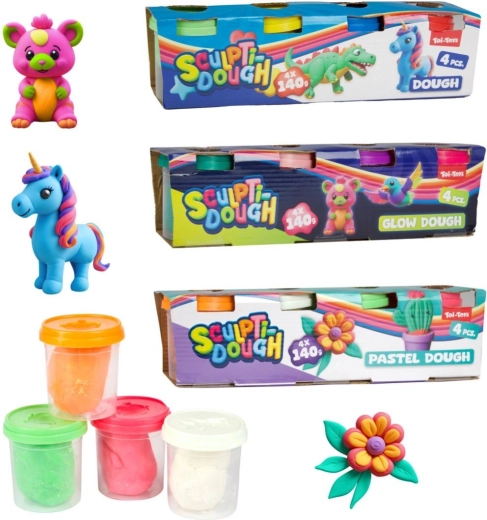 Plastilină 4×140 g în pahare – clasică, pastel sau fosforescentă