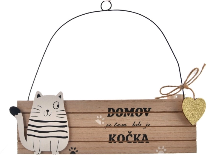 Plăcuță decorativă din lemn cu pisică, bej