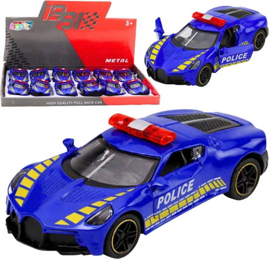 Mașină sport de poliție din metal 1:43 cu mecanism pull-back și uși deschizătoare – albastră