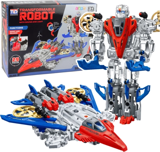 Robot transformabil și avion de vânătoare 2-în-1 cu lumini și sunete, 29 piese