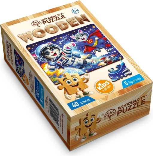 Puzzle din lemn Wooden City Super pisici în spațiu, 40 de piese