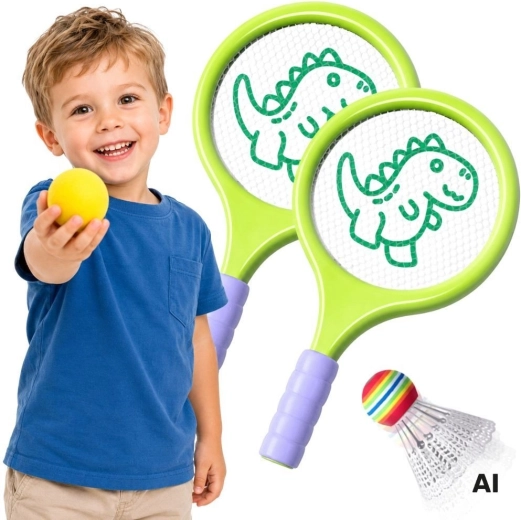 Set de badminton Woopie cu palete, minge din spumă și fluturaș cu motiv de dinozaur