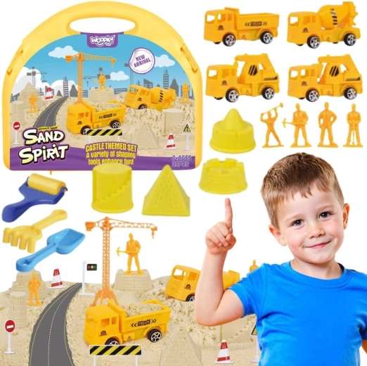 Woopie nisip kinetic magic – șantier cu macara și mașinuțe în valiză 2în1