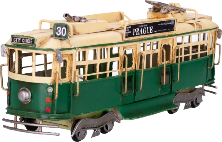 Model metalic de tramvai Prague – decorațiune vintage verde cu mers liber