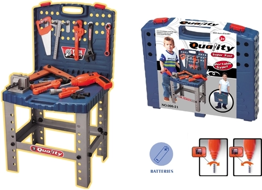 Masa de lucru pentru copii tip valiză cu unelte și bormașină electrică