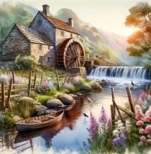 Norimpex pictură cu diamante moară pe râu cu bărcuță 30 × 40 cm