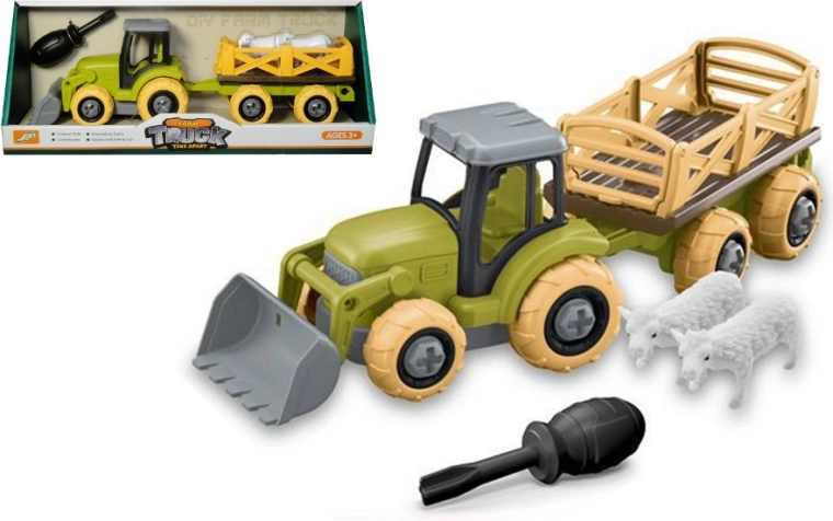 Set agricol de asamblare – tractor cu remorcă și animale