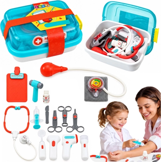 Valiză medicală pentru copii cu accesorii, lumini și sunete (15 piese)