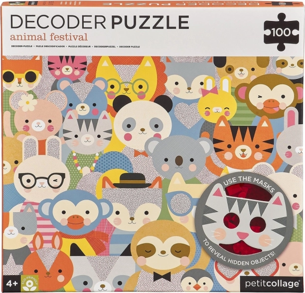 Petit Collage puzzle cu decodare Festivalul animalelor cu ochelari 3D, 100 piese