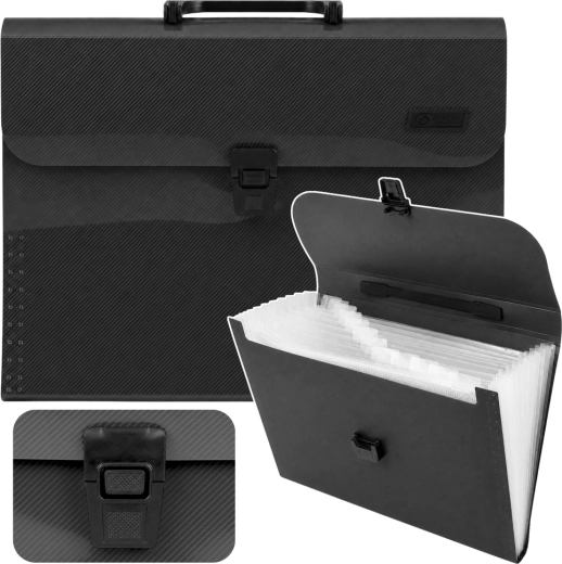 Organizer tip acordeon pentru documente A4 cu mâner, 13 compartimente, negru