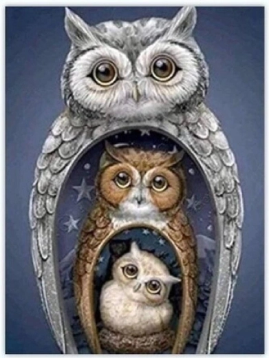 Pictură cu diamante Matrioșka cu bufnițe 30 × 40 cm
